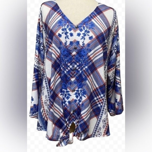 🌟HP FLORAL PLAID FRONT TIE Multicolor New Style & Co Button Up Blouse Colorful - Picture 3 of 16